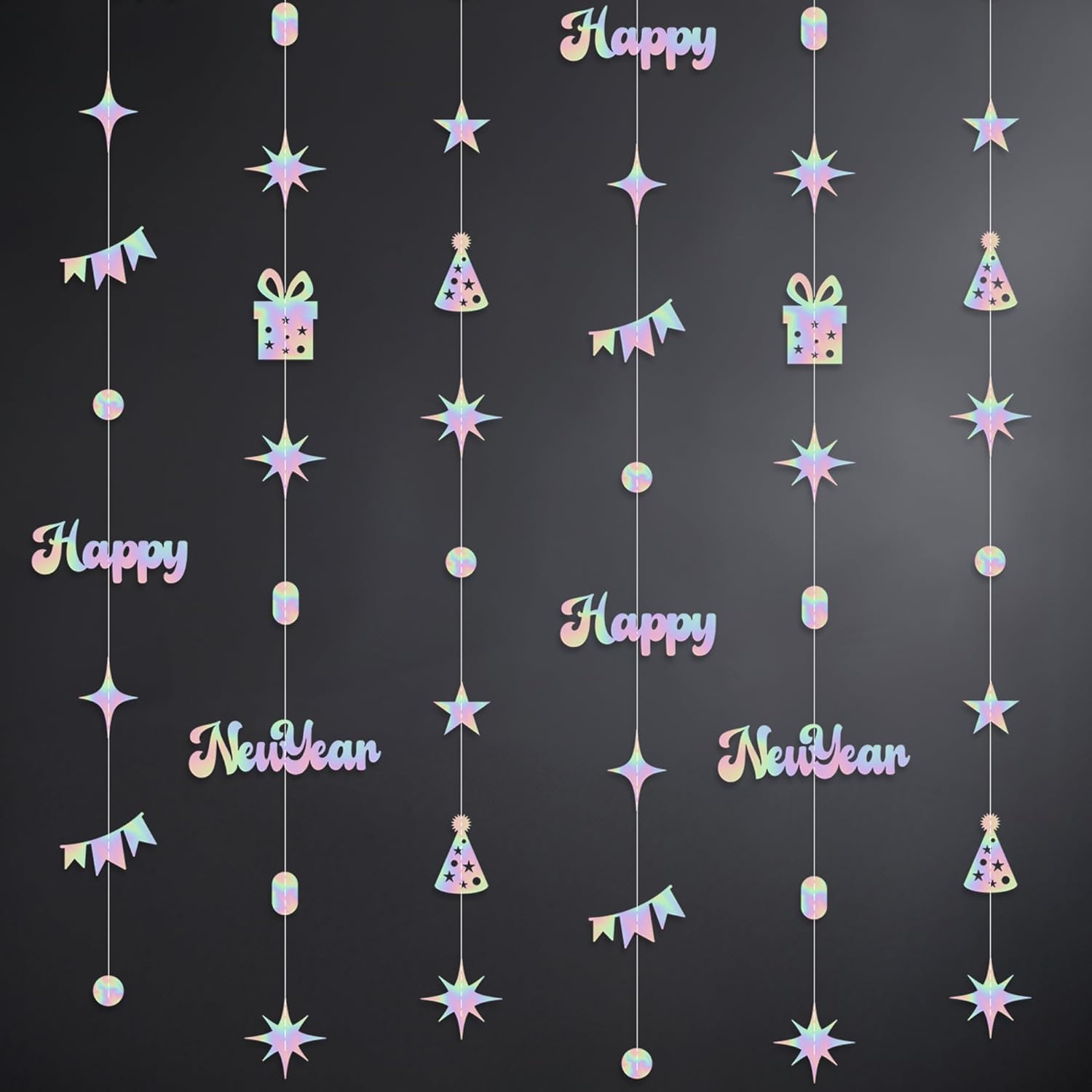 KatchOn, Glitter Happy New Years Garland - 6 Feet, Pack of 9, No DIY | Happy New Year Banner, Black and Gold Happy New Years Decorations 2026 | New радужный