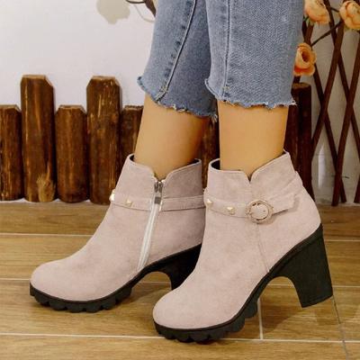 2024 Retro High Heel Ankle Boots Square Heel Woman High Leather Boots Female Round Toe Rivet Platform Short Bootines Shoes Women
