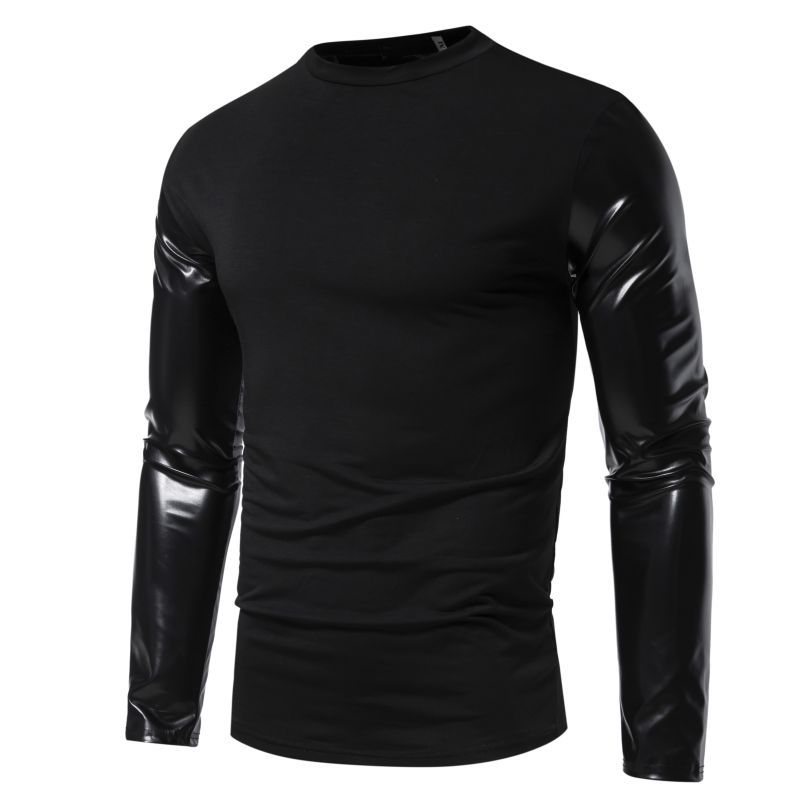 Men Plus Size Round Neck Patchwork Leather Sleeve Loose Casual Long Sleeve T Shirt