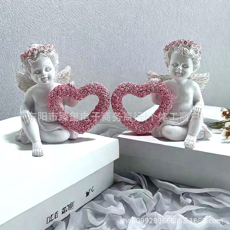 European Style Valentine s Angel Rose Heart Resin Ornament for Home or Study Decoration