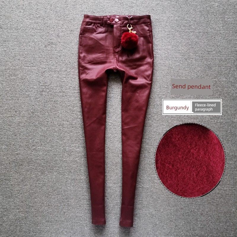 

Яркое покрытие для осенне-зимних бархатных брюк с высокой талией, на подкладке, прилегающего силуэта Wine Red fleece-lined model S