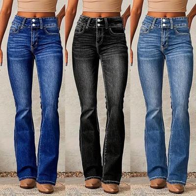 Cepli Bayan Retro Kot Pantolon Orta Bel Düğmeli Fermuarlı Kapatma Esnek Kot Pantolon Düz Renk Slim Fit Geniş Paça Pantolon Günlük Parti Çalışması İçin