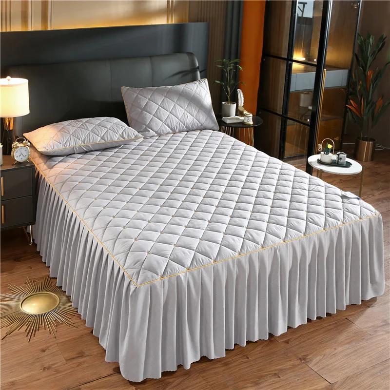 Luxury Quilted Bed Skirt Winter Warm Thicken Velvet Bedspread King Good Hand Feeling Bed Cover Not Included Pillowcase