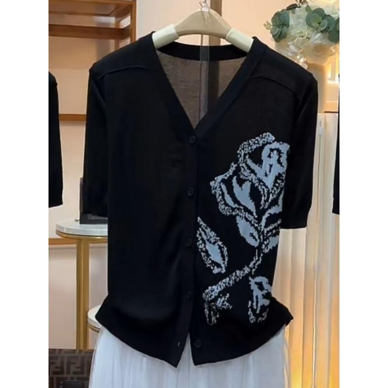 Мятный Мамбо Летний Популярный Свитер из Ледяного Шелка Модный С коротким рукавом Высококачественный Легкая Роскошь Топ Легкий и Модный Большого Размера M чёрный