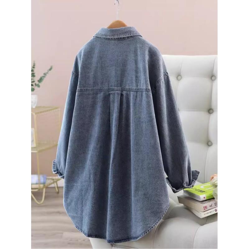 Women's Spring and Autumn Long Sleeve Casual Denim Shirt Design Single Button Polo Collar Blouse