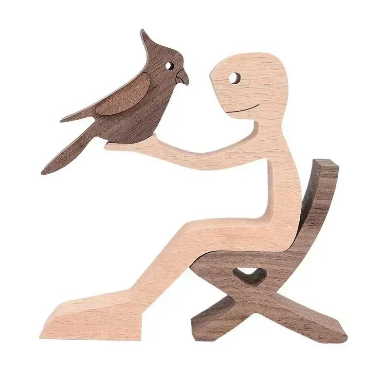 Cute Family Puppy Wood Dog Craft Ornament Figurine Natural Gift for Home Decoration Accessories Handmade Sculptures Decor