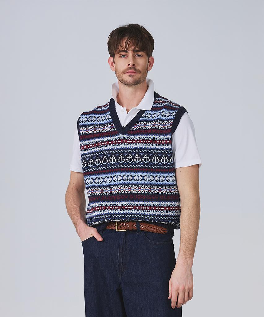 Geonjiulleunseu Grand Roque Fair Isle Cotton V-Neck Vest - Navy