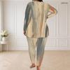 Women Plus Size Two Piece Pants Set Round Neck Long Sleeve Abstract Printed Top And Fitted Pants
