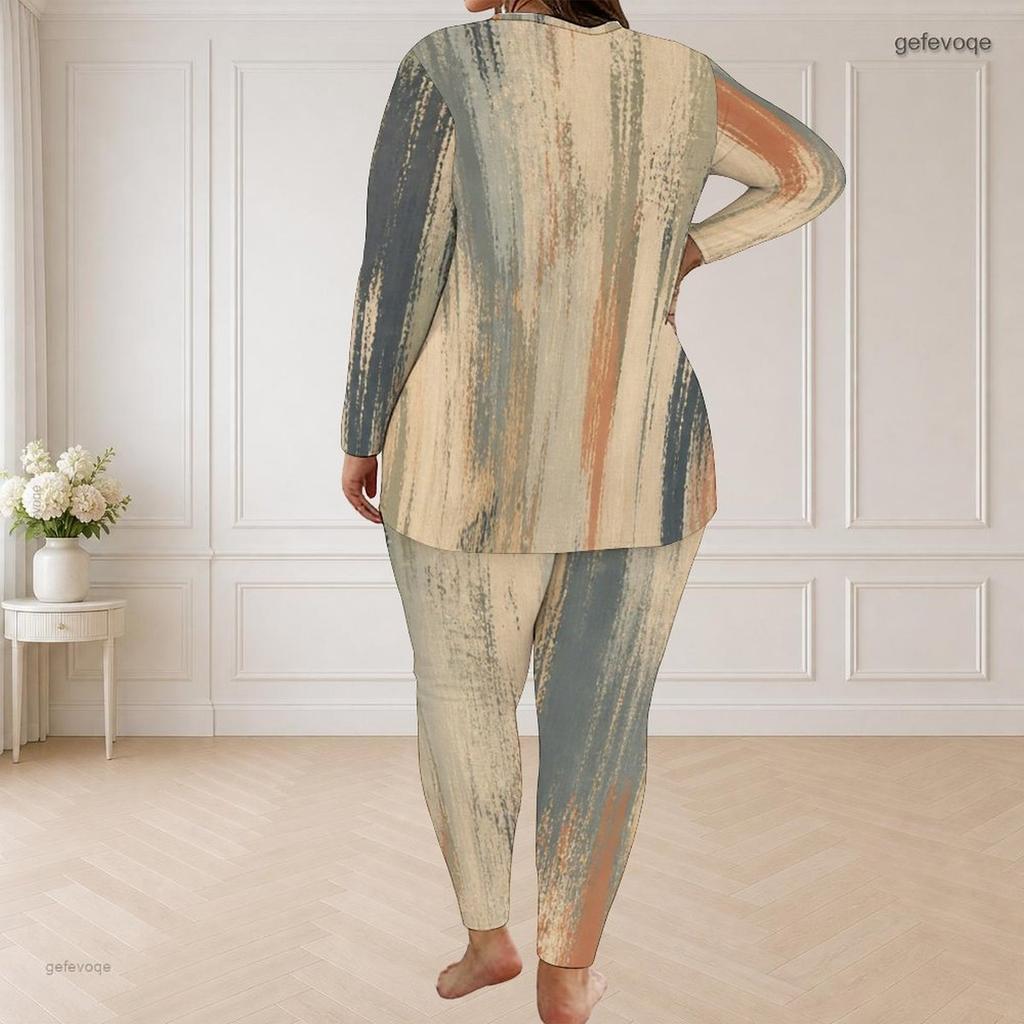 Women Plus Size Two Piece Pants Set Round Neck Long Sleeve Abstract Printed Top And Fitted Pants