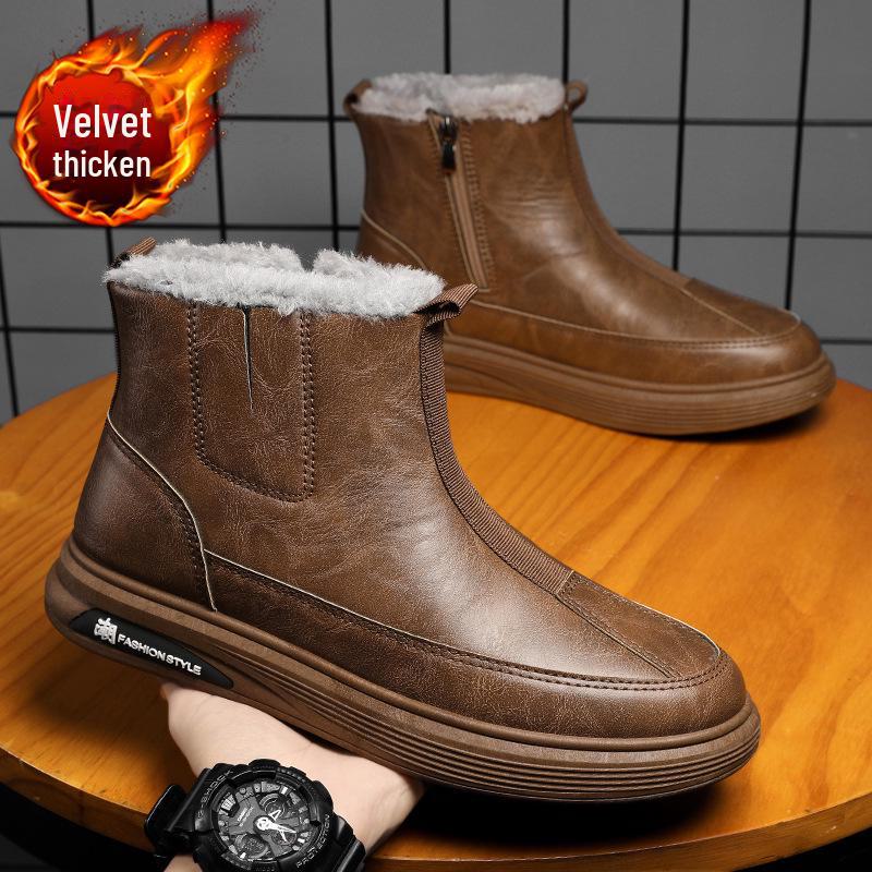 Men's 2024 Winter Waterproof Leather Zipper Snow Boots with Warm Velvet Lining.
