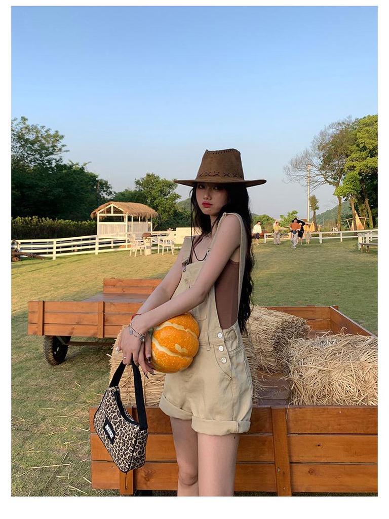 Women's High-Waist Denim Overall Shorts - Casual American Style, Loose Fit, Cuffed Wide Leg Jumpsuit