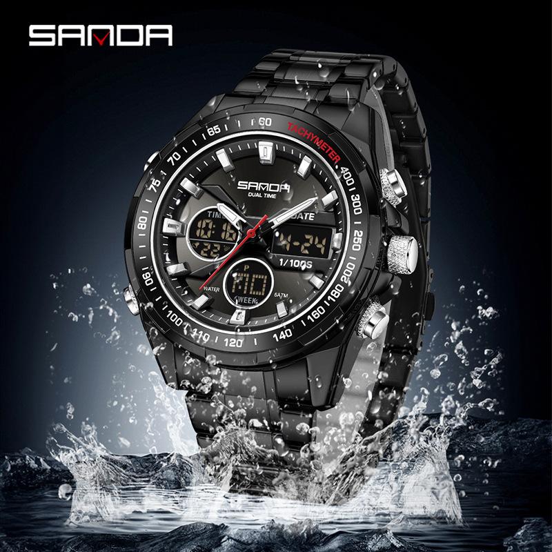 SANDA Stereoscopic Dual Display Watch Men's Steel Band Sunday Date 12/24 Hour 5ATM Waterproof Night Light Alarm Clock