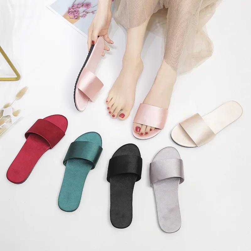 2025 New Home Slippers Flat Casual Satin Simulation Silk Slippers Indoor Non-slip Peep Toe Slides Wedding  Flip Flops