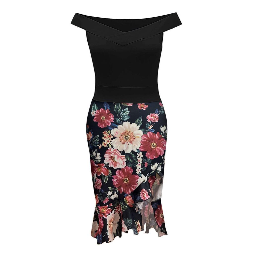 Bayanlar Kapalı Omuz Fırfır Etek Kokteyl Elbise Zarif Midi Abiye