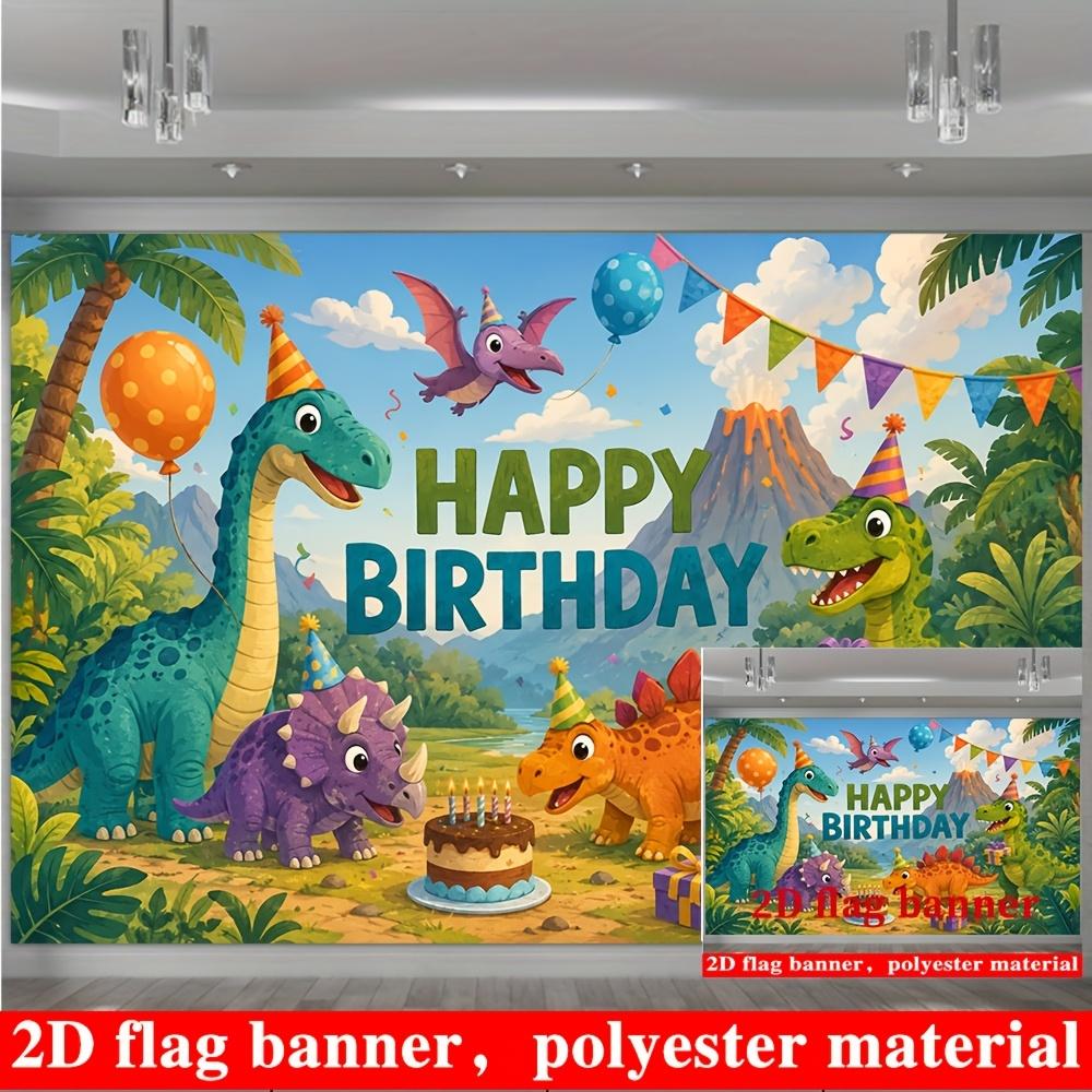 Cartoon Dinosaur Happy Birthday Banner Backdrop Balloons Jungle Volcano Theme