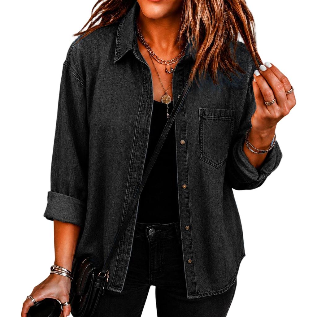 Women's Loose Fit Denim Button-Up Top for Casual Everyday Wear