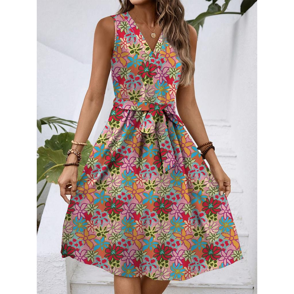 Women's Spring And Summer Casual V-Neck Sleeveless Waist Floral Print Midi Dress
