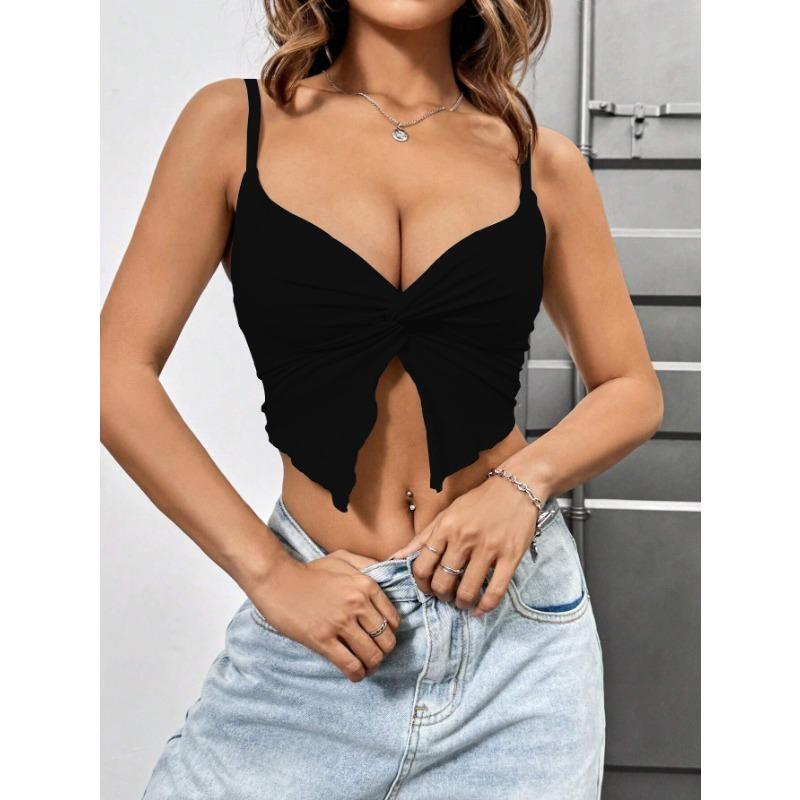 Women Sexy Slim Fit Slit Design Solid Twisted Single Strap Crop Camisole Top