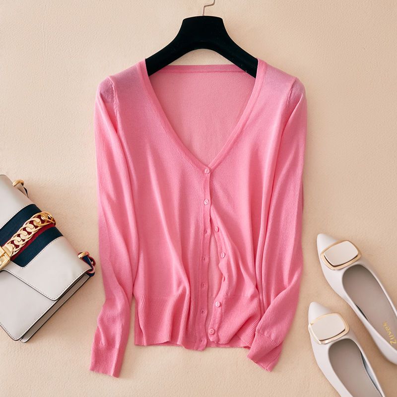 Eis Seide Dünn Gestrickt Damen Cardigan Frühling Sommer Koreanischer Stil V-Ausschnitt Locker Alles Passend Einreihig Sonnenschutz Oberbekleidung