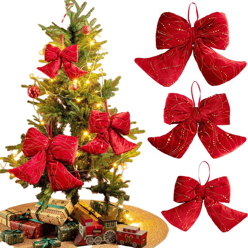 1PC Red Fireplace Bows with Glitter Surface Wreath Hanging Pendants Home Big Christmas Cloth Bows Ornaments Party 3 Sizes