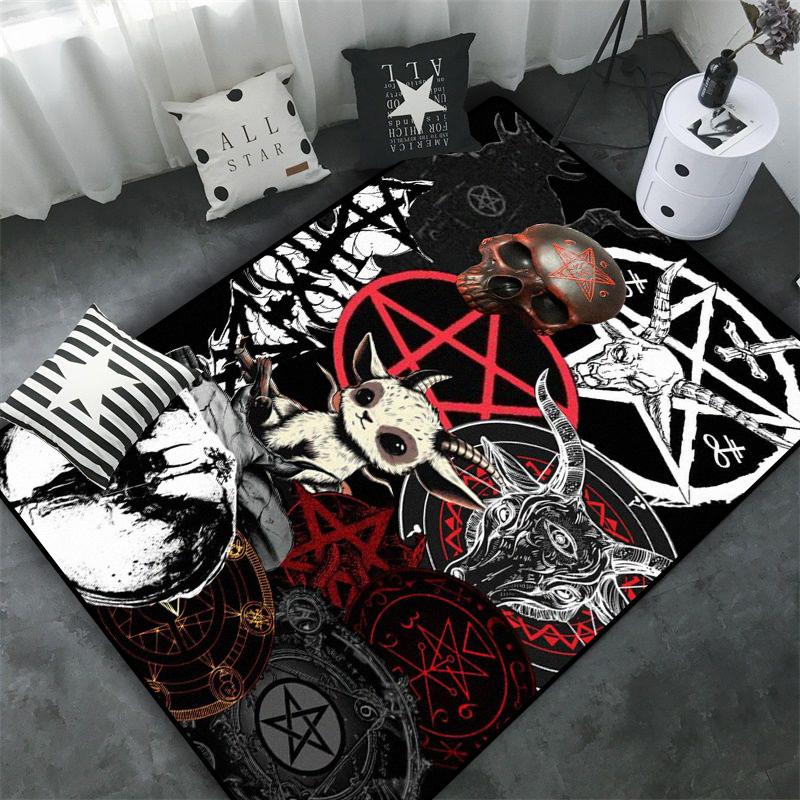 Schädel Baphomet Ziegen Dämon Raserei Bereichsteppich Blutrot-Baphomet Teppich-Baphomet Dekor-Satanische Matte-Satanische Heimdekoration