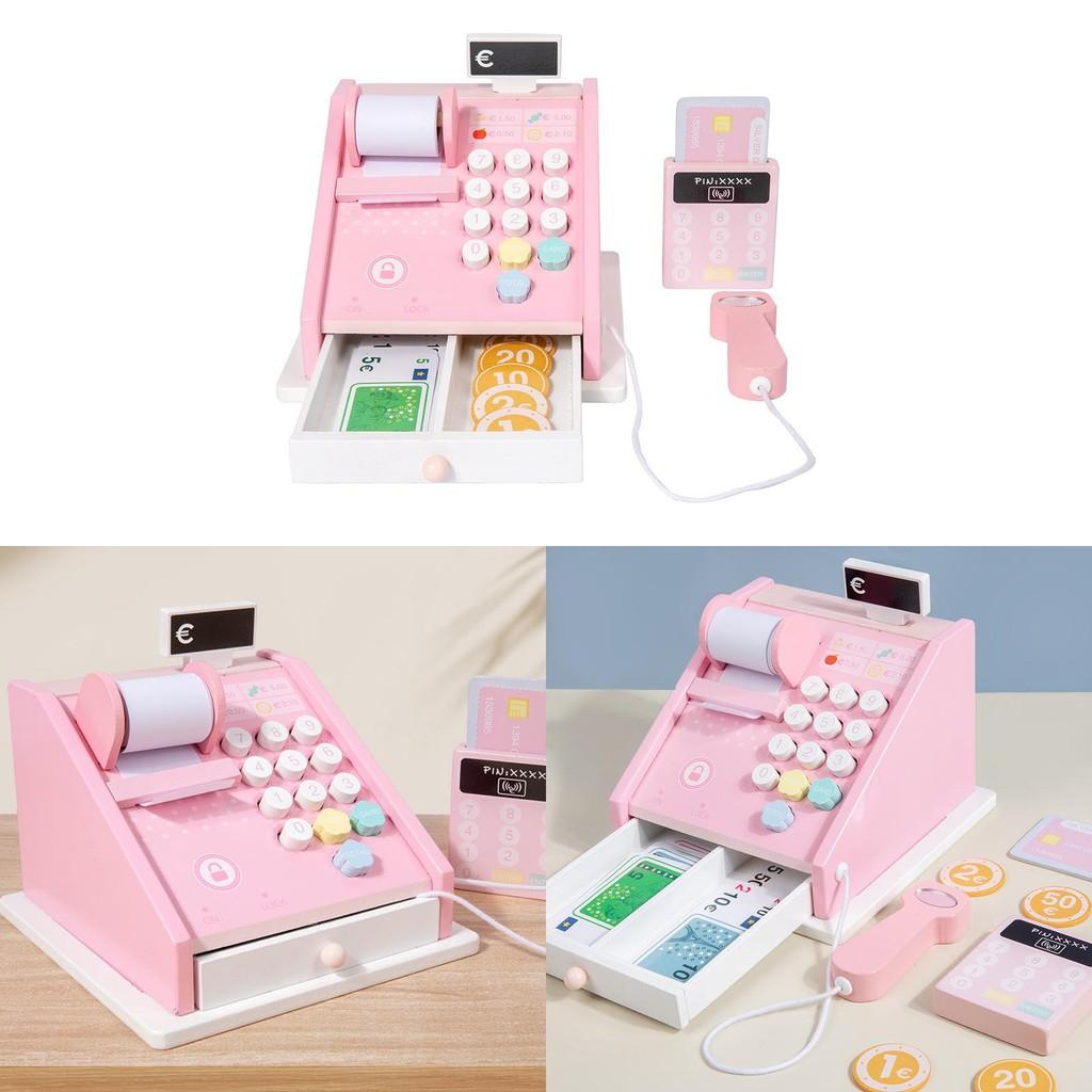 Supermarket Wooden Cash Register Playset Realistic Features Storage Box For Kids