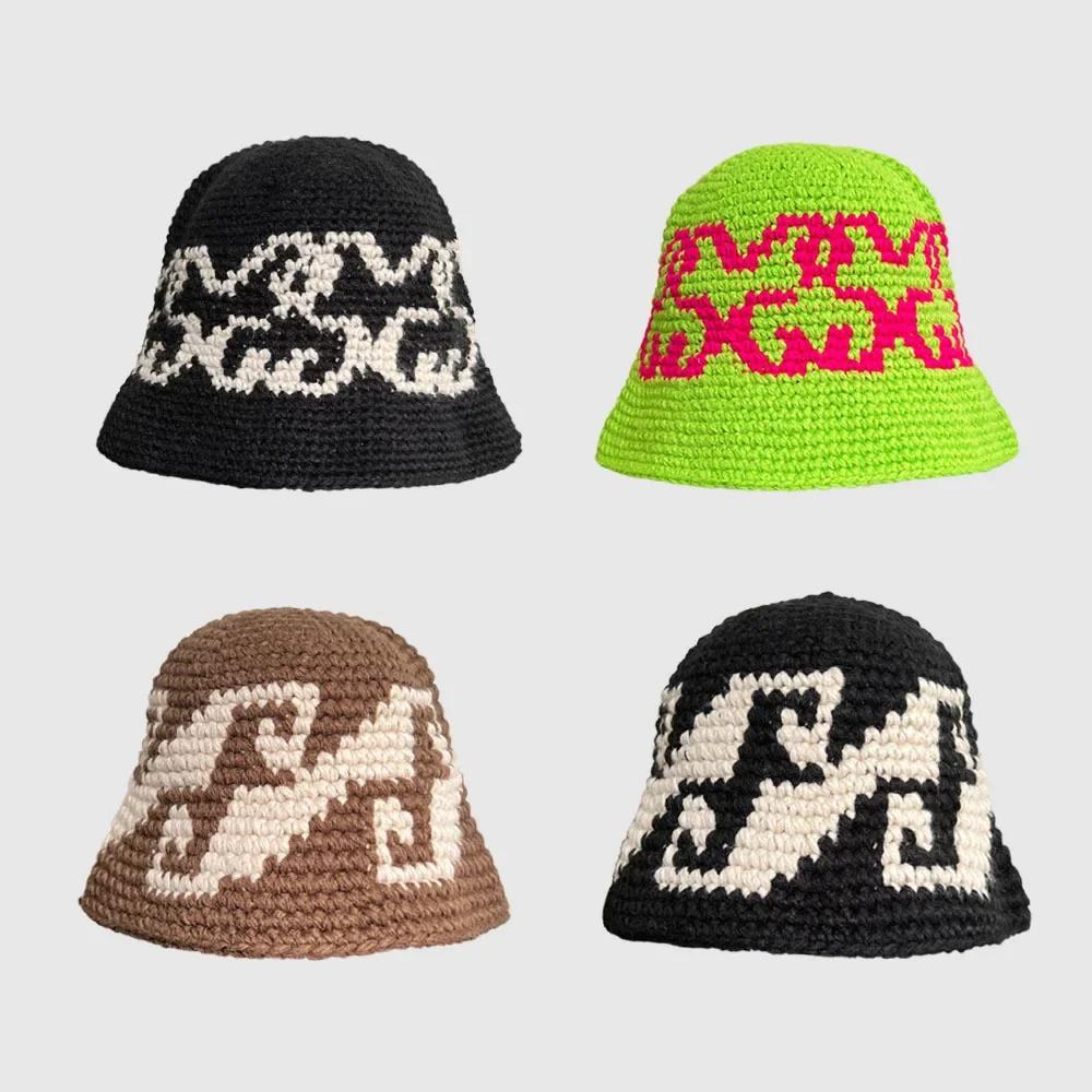Korean Autumn Winter Retro Crochet Knitted Wool Bucket Hat Women Ins Hand-woven Basin Hat Winter Bucket Hat Men