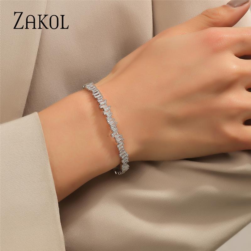 ZAKOL Fashion Cubic Zirconia Cuff Bangles for Women Trendy Baguette Men Open Bracelet Party Jewelry B154