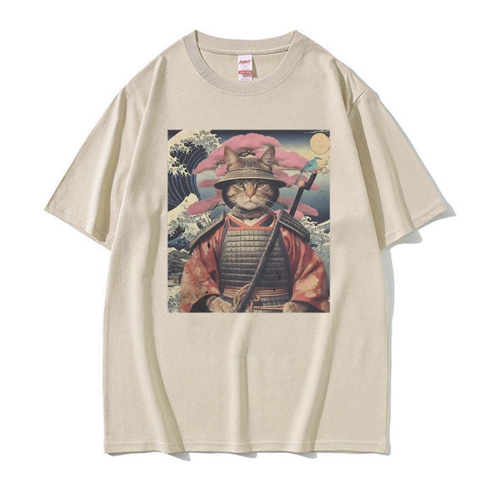 Cat Samurai Pattern T Shirt For Unisex Trendy Animal 3D Printed Tees Casual Short Sleeve Oversized Street TShirts Round Neck Tops