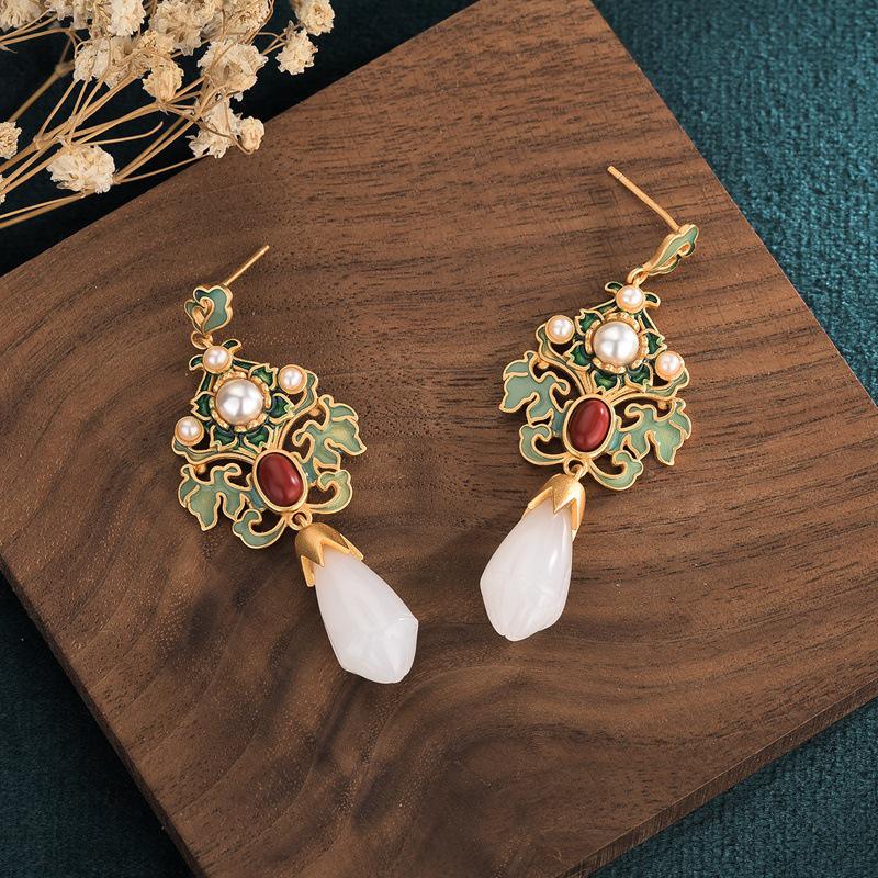 Retro Magnolia Fairy Earrings: Enamel Cloisonné & White Jade Cheongsam Style