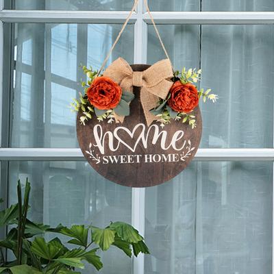 Spring Wooden Sign Wreath Sweet Home Simulated Flower Wooden Door Hanging Living Room Window Home Decoration Pendant