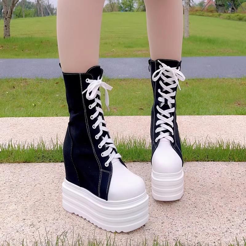14CM Denim Women Spring Ankle Boot High Brand Platform Wedge Autumn High Brand Skateboard Breathable Shoes