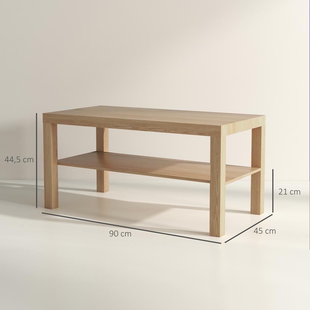 Vardagsrumsbord, Rektangulärt sidobord i 2 nivåer med förvaringshylla, 90x45x44,5 cm, Naturträ