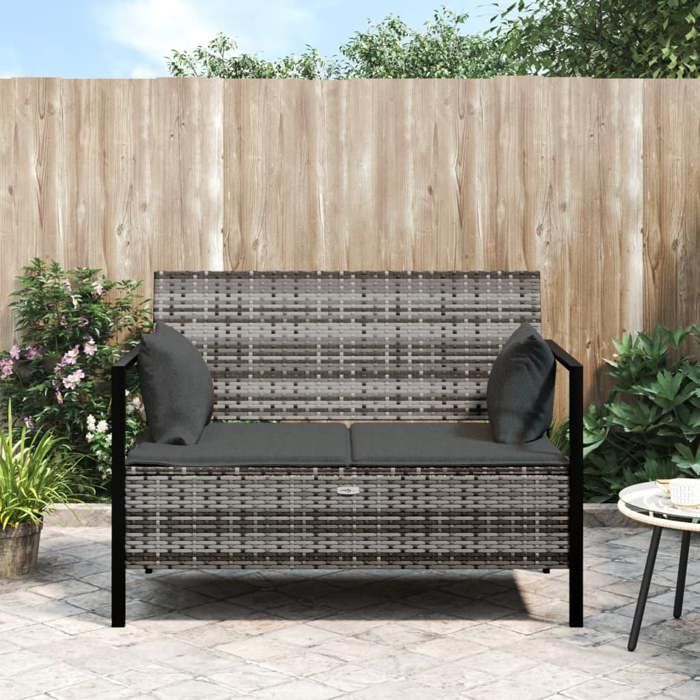 VidaXL 2-Seater Garden Bench with Gray Cushions Woven Resin 364111