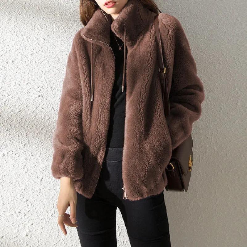 Autumn and winter large size fleece thickened short jacket double-sided fleece stand-up collar fleece solid color sweater women's tide