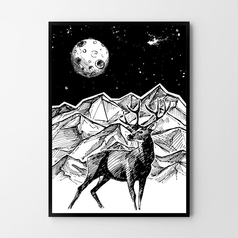 Affiche cerf nuit montagnes illustration