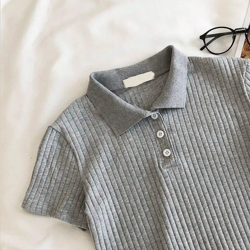Knitted Fashion Women Blouses Tall Tops Turn Down Collar Youth Blouses Clothing Chic Cropped Shirt