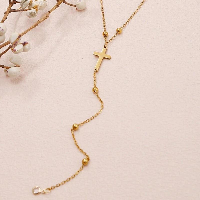 Stainless Steel Cross Bead Pendant Necklace for Women Simple Metal Inlaid Zircon Long Y-Shaped Clavicle Chain Aesthetic Jewelry