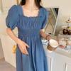 Women Summer Dress Square Neck Bubble Sleeve Pleated Shirring Elastic Bust Short Sleeve A-line Loose Hem Vintage Mic-calf Length Midi Dress