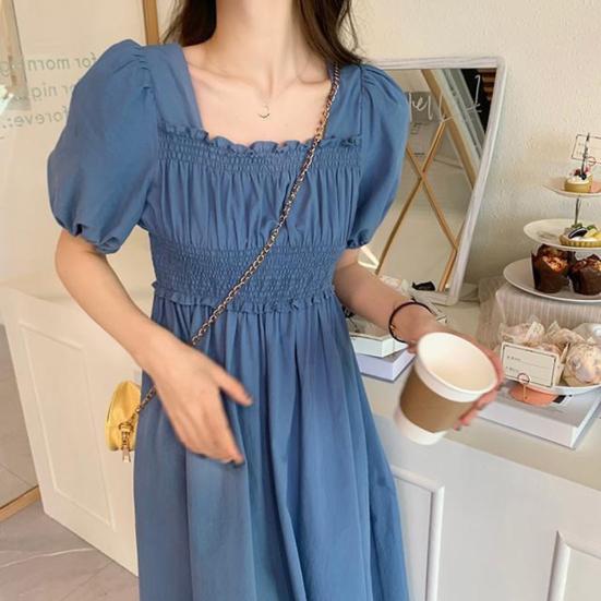 Women Summer Dress Square Neck Bubble Sleeve Pleated Shirring Elastic Bust Short Sleeve A-line Loose Hem Vintage Mic-calf Length Midi Dress