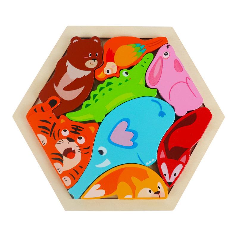 Children's Wooden Three-dimensional Hexagonal Puzzle Animal Traffic Puzzle Building Block Early Education Educational Enlightenment Toy