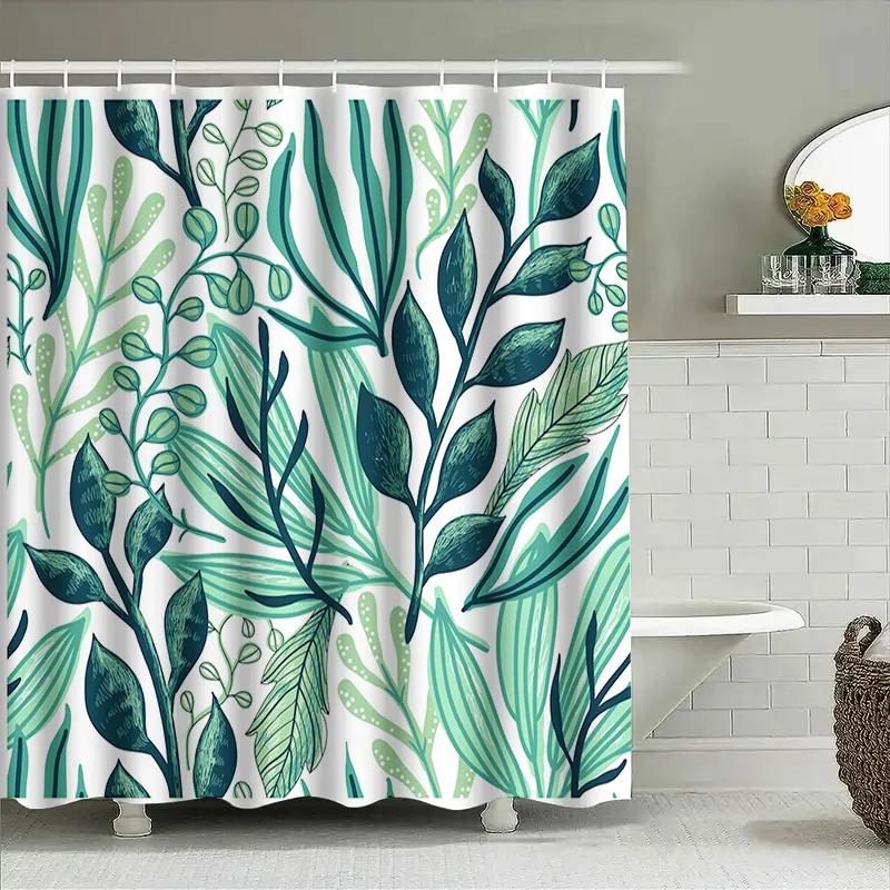 Green Leaves Shower Curtain Modern Floral Design For Bathroom Decor Waterproof Fabric With Hooks Included Set Length