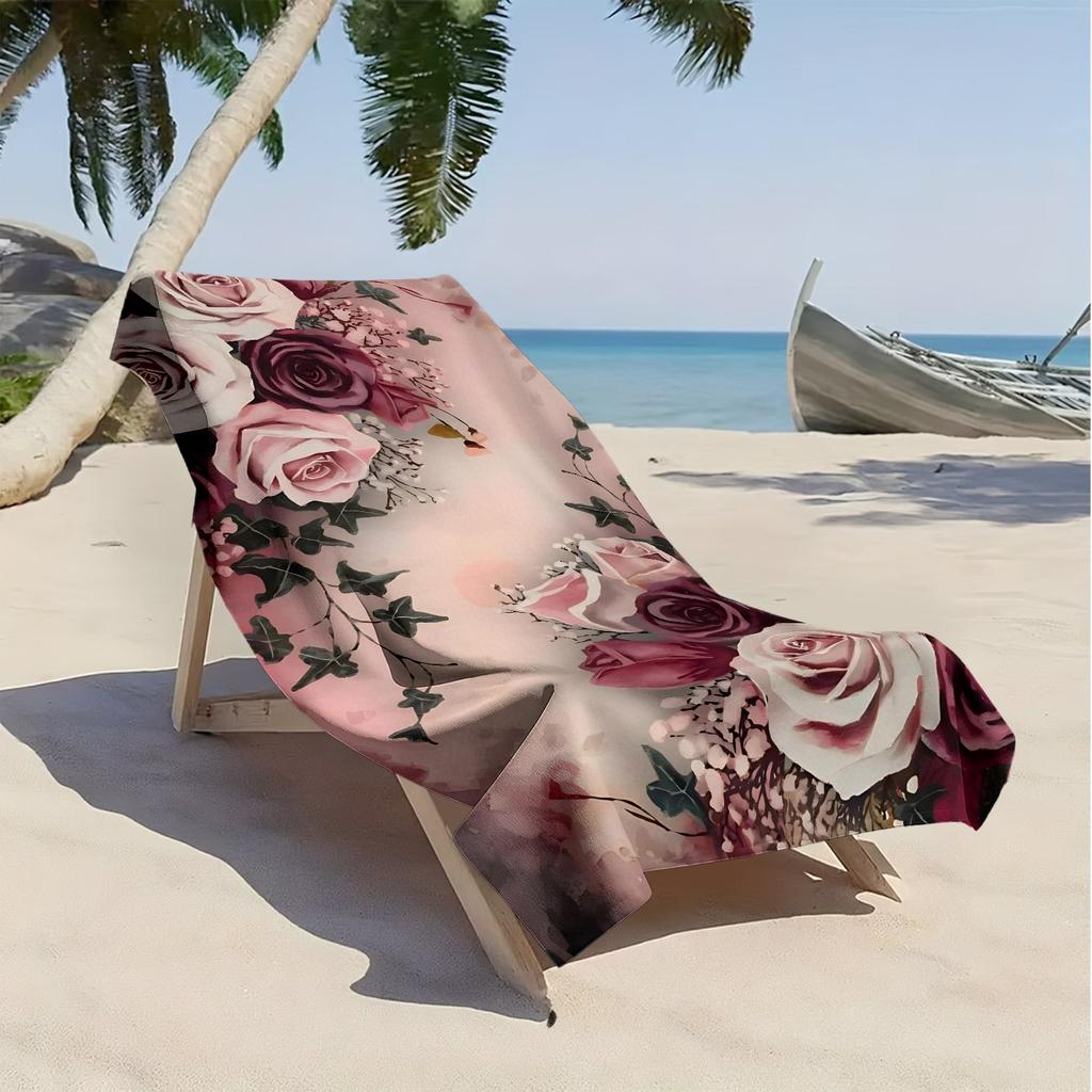 Elegant Rose Style Floral Pattern Polyester Microfiber Beach Towel Is Highly Absorbent, Suitable for Swimming and Beach Outings