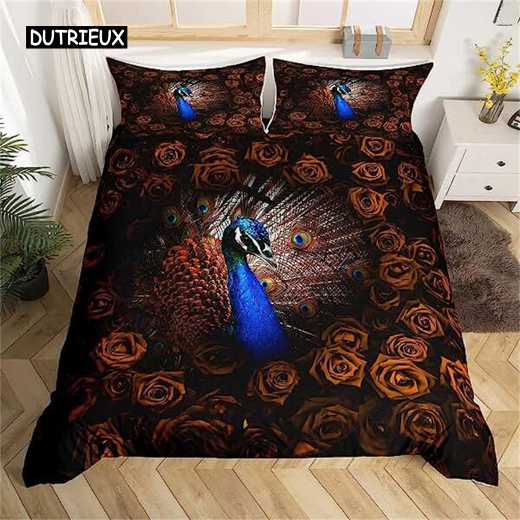 

Luxury Golden Duvet Cover Peacock Comforter Cover Peacock With Floral Bedding Set For Adults Girls Animals Botanical Bedspread EU single(135x200cm)