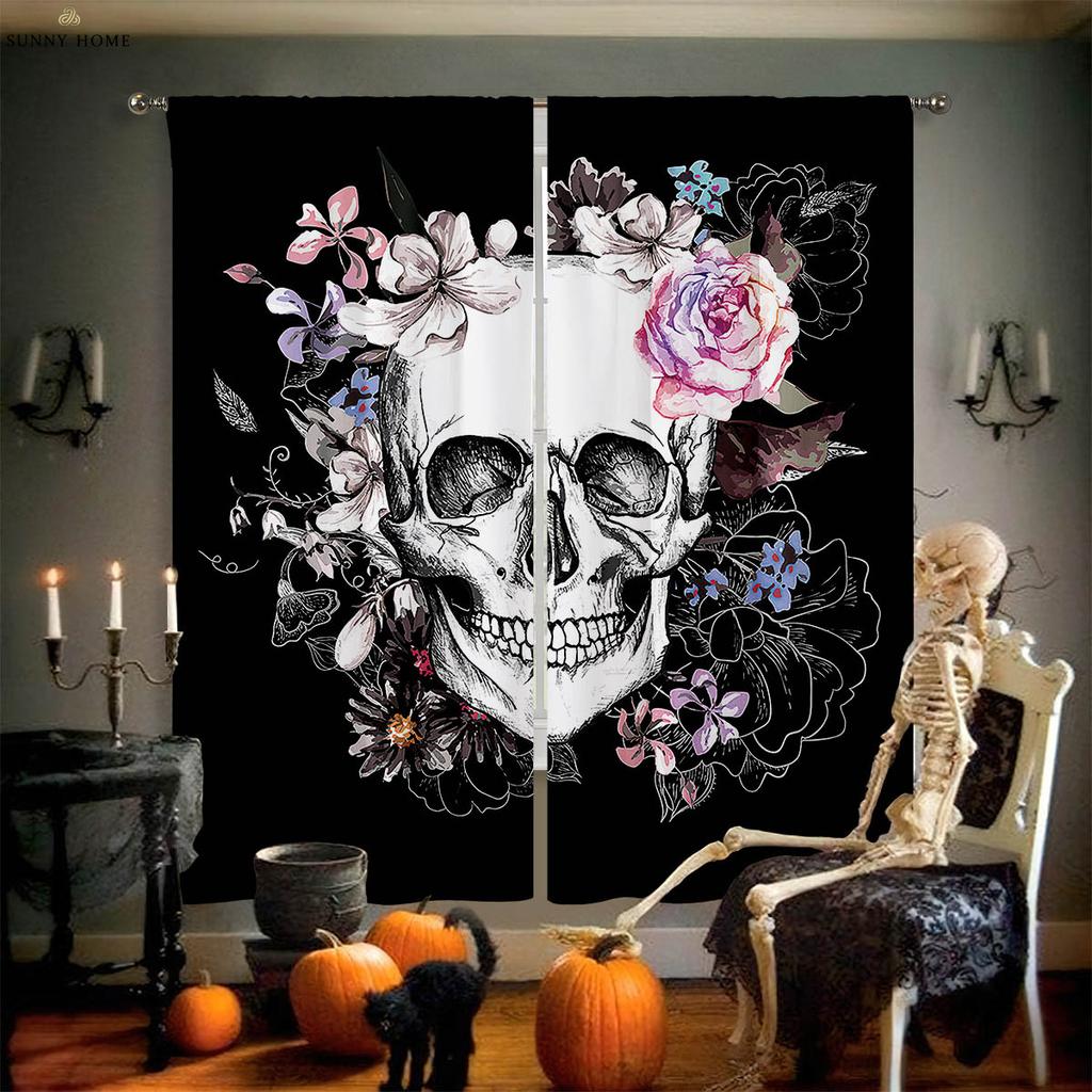 Floral Skull 3D Printed Curtains High Quality Black Silk Heat Insulation Blackout Curtains Bedroom Study Living Room Curtains