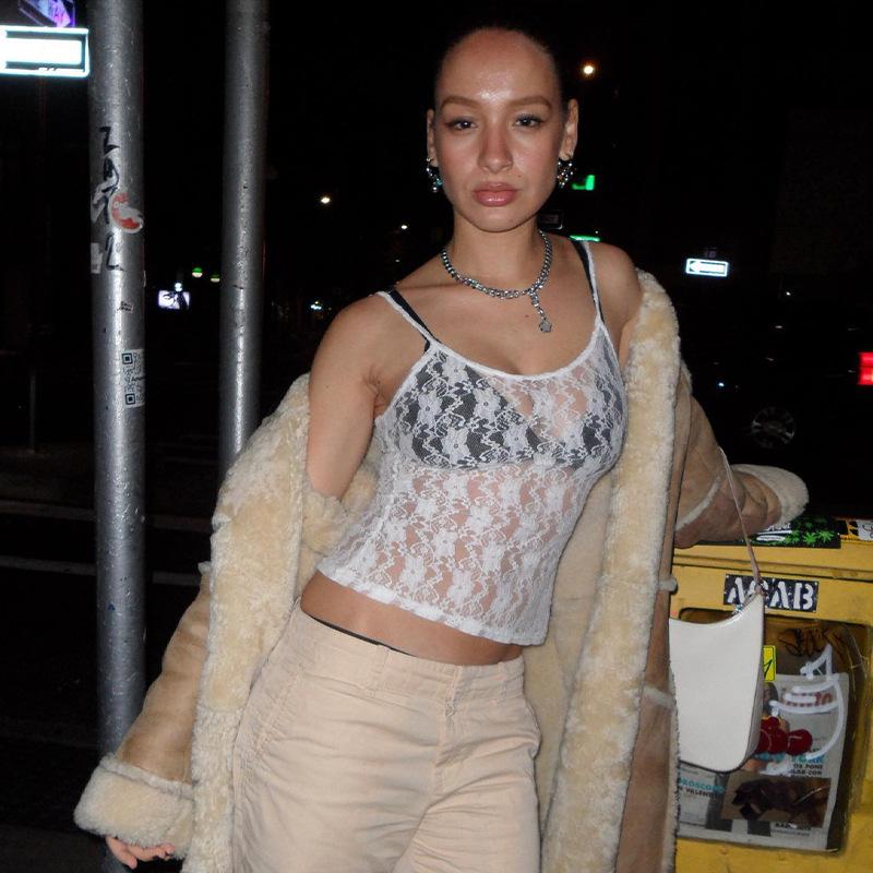 Sleeveless Sexy Lace Hollow Out Sheer Summer Sweet Crop Tops for Women Club Party Y2K Cami Tops Streetwear Clothes