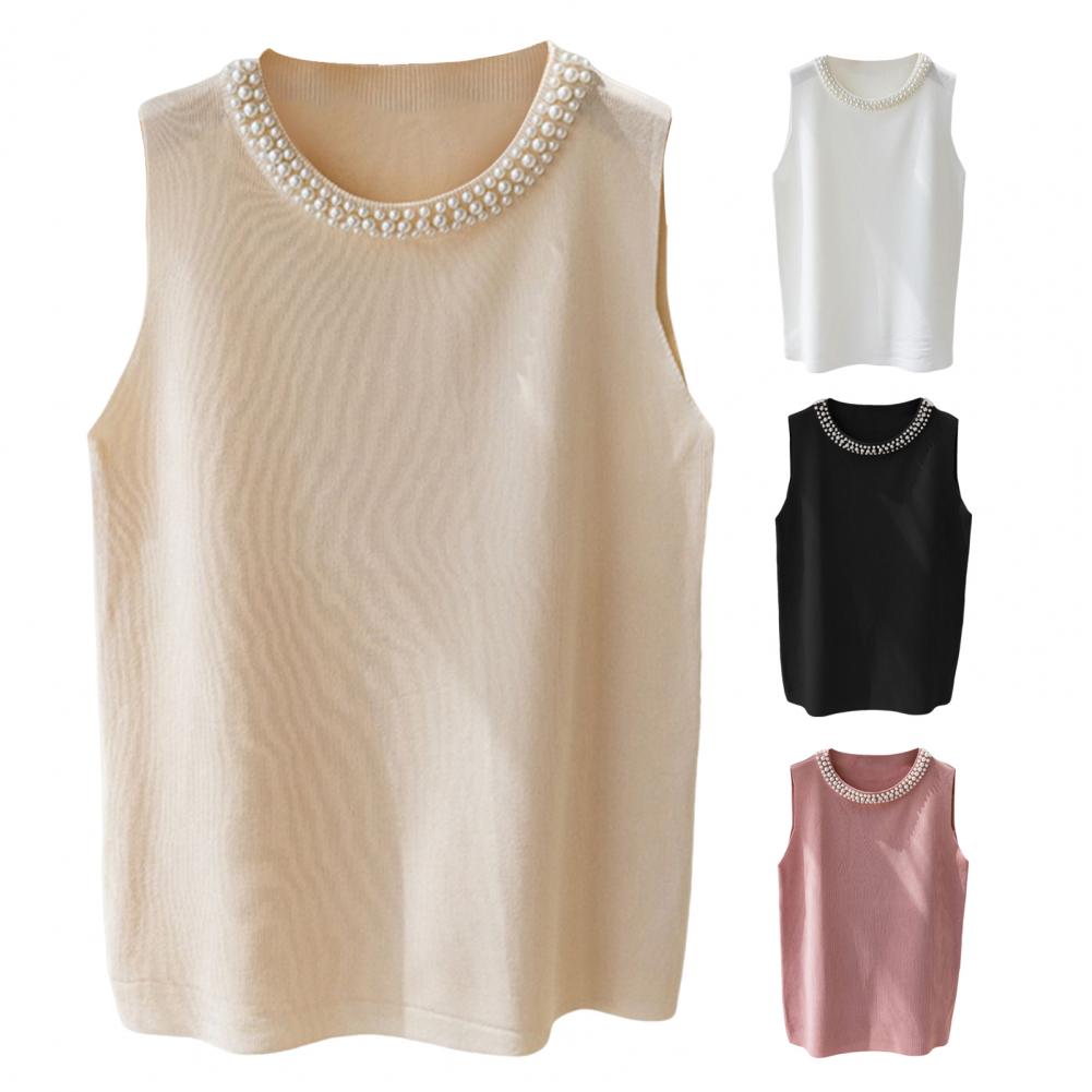Women's Knitted Vest, Round Neck, Sleeveless, Faux Pearls Decor, Tank Tops, Slim Fit, Monochromatic, Stretchy