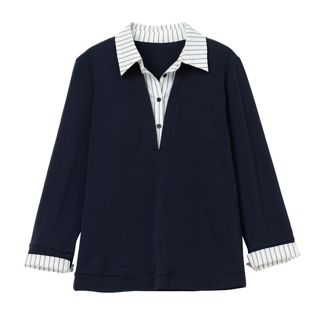 Plus Size Pure Cotton Polo Shirt - Early Autumn Long-Sleeve with Turn-Down Collar for Middle-Aged Women