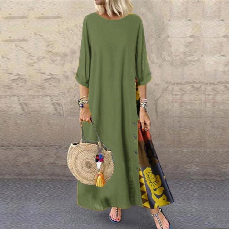 Abito da Donna Floreale Vintage Manica 3/4 Girocollo Patchwork di Colore Bottone