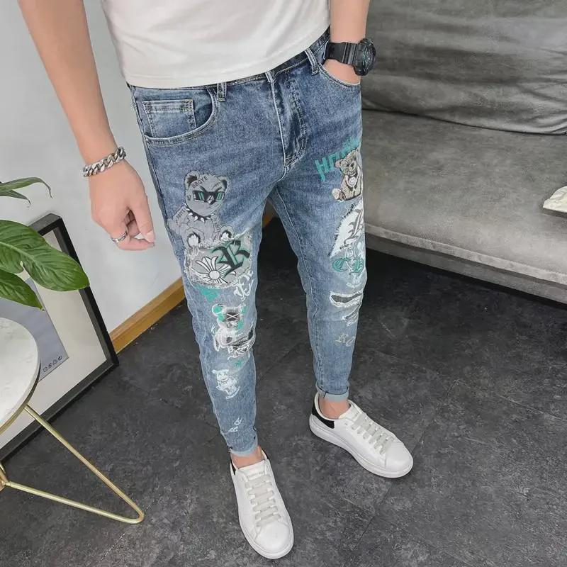 Jeans Azules Estampados Slim Fit para Hombre - Tendencia Verano 2023, Estilo Coreano